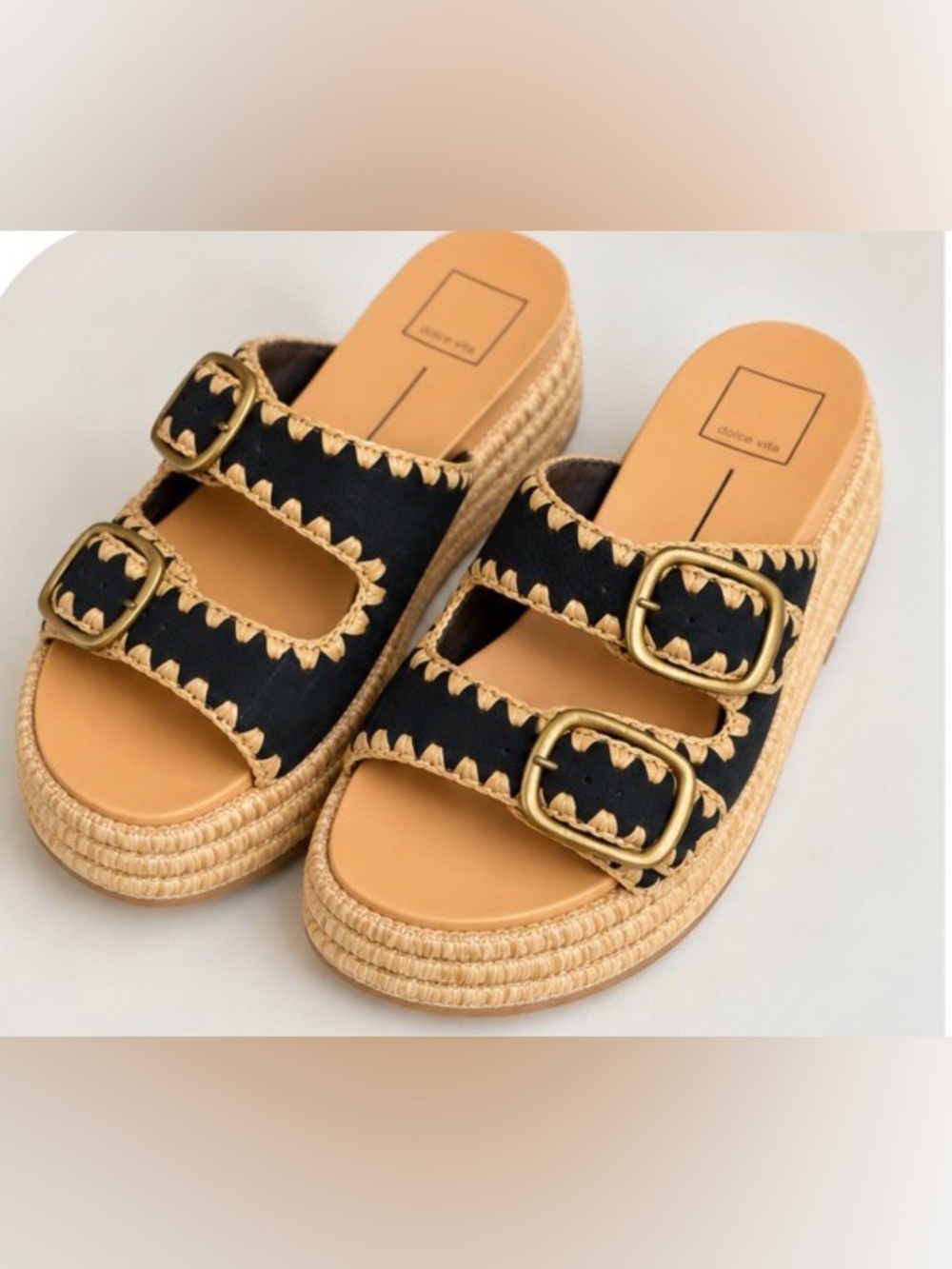 Dolce Vita Black and Tan Espadrille Platform Sandals Double-Buckle Mules